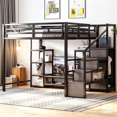 Sweiko Hoogslaper - 140 x 200 cm - met TV-beugel - Stopcontact - Opbergplank - Metalen frame - Zwart