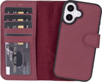 Lykke Leren Hoesje met Pasjeshouder voor iPhone 16 – Handgemaakt Echt Leer – MagSafe Hoesje – Maroon