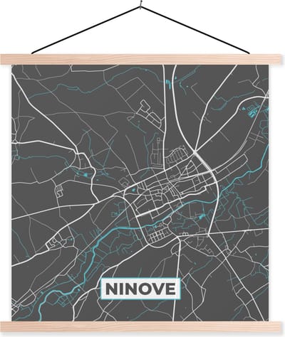 Posterhanger incl. Poster 40x40 cm - Schoolplaat - België – Ninove – Stadskaart – Kaart – Blauw – Plattegrond - Textielposter - Blanke latten - Stadskaart