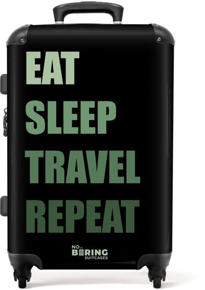 NoBoringSuitcases.com® - Koffer groot - Rolkoffer lichtgewicht - Zwart met groene tekst Eat Sleep Travel Repeat - Reiskoffer met 4 wielen - Valies grote trolley XL op wieltjes - Harde reistrolley met TSA slot - 20 kg bagage - Reizen