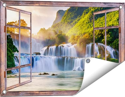 Gards Tuinposter Doorkijk Watervallen tussen de Bomen - 60x40 cm - Tuindoek - Tuindecoratie - Wanddecoratie buiten - Tuinschilderij