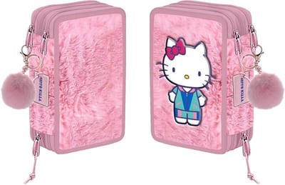 Etui met 3 vakken - Pennendoos - Schoolspullen organiseren - Vrolijk cartoon design - 1 Count - Roze