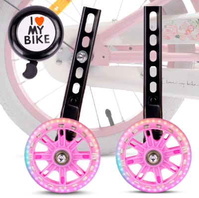 sun baby Zijwieltjes voor kinderfiets en fietsbel, 12-20 inch, kunststof en staal, bouten en montagesleutels inbegrepen, decoratieve geschenkdoos, Roze