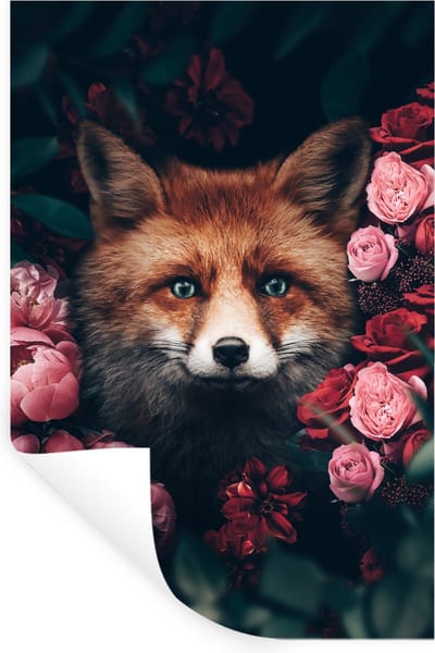 Muurstickers - Sticker Folie - Vos - Bloemen - Botanisch - Dieren - 20x30 cm - Plakfolie - Muurstickers Kinderkamer - Zelfklevend Behang - Zelfklevend behangpapier - Stickerfolie