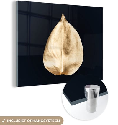 MuchoWow® Glasschilderij 160x120 cm - Schilderij acrylglas - Bladeren - Black en gold - Zwart - Goud - Luxe - Foto op glas - Schilderijen
