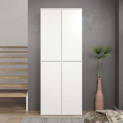 Garderobekast 4 Deuren 191 x 74 x 34 cm - Smalle Kledingkast met 6 Planken en Uittrekbare Kledingstang, Compacte Opbergkast voor Hal en Slaapkamer, Wit Modern Design - Vermissen