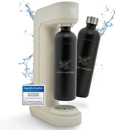 Luckymoose Bruiswatertoestel - Infinity - Soda Maker met 2x 1,25L RVS Drinkfles Zwart - Bruiswater Machine - Zand