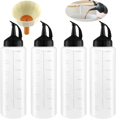 Famanu – Knijpfles set van 4, 350 ml, transparante sausflessen met schaal en trechter