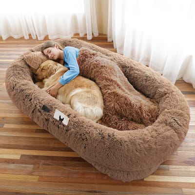 Lit pour chien confortable de taille humaine pour toutes les races - 71 x45 x12  Chaise longue pour animaux de compagnie en fausse fourrure avec base antidérapante, lavable, comprend un oreiller et une couverture en peluche - Gris 6XL kaki