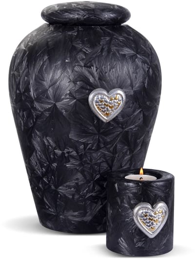 Terroso® - Glazen Urn Set - Zwart Frost - Met Verzilverd Hart - Inclusief Bijpassende Herdenkingskaars - 4,5 Liter
