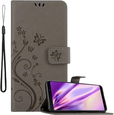 Cadorabo Hoesje geschikt voor Samsung Galaxy A9 2018 in BLOEMEN GRIJS - Beschermhoes in bloemmotief met magnetische sluiting, standfunctie en kaartsleuven Book Case Cover Etui