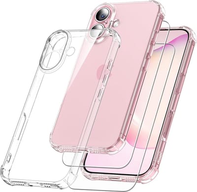 Casemania Hoesje en Glas Geschikt voor Apple iPhone 16 - Transparant - Anti Shock Back Cover + 2x Glazen Screenprotector