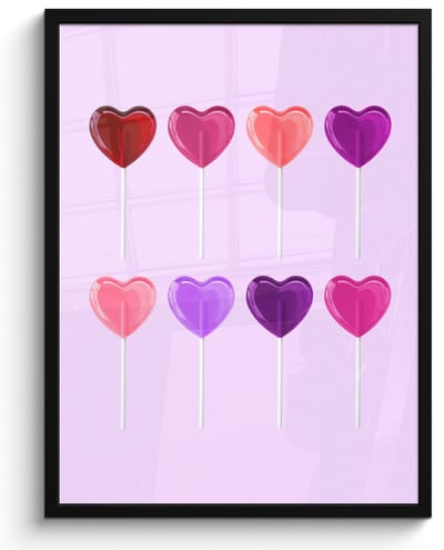 Poster in lijst - Fotolijst 50x70 cm - Posters - Lolly - Hart - Roze - Snoep - Posterlijst zwart - Decoratie - Wanddecoratie woonkamer - Muurdecoratie slaapkamer