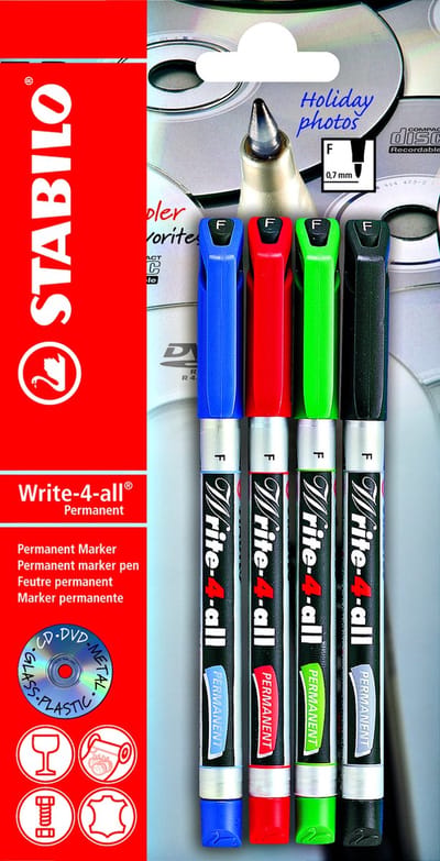 STABILO Write-4-All - Permanente Marker - F Punt 0,7 mm - Met 4 Verschillende Kleuren