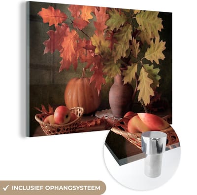 MuchoWow® Glasschilderij 120x80 cm - Schilderij acrylglas - Stilleven - Pompoen - Bladeren - Appel - Kersen - Herfst - Foto op glas - Muurdecoratie woonkamer - Wanddecoratie slaapkamer - Schilderijen