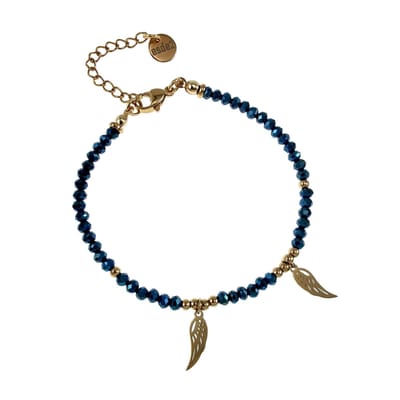 Metalic Blauwe Kristallen Armband met Engelenvleugelhanger, Verguld RVS, Dames – Verstelbaar 15-19cm