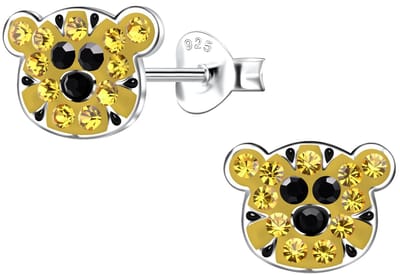 Joy|S - Zilveren tijger oorbellen - 9 x 7 mm - oker geel met kristalletjes - kinderoorbellen