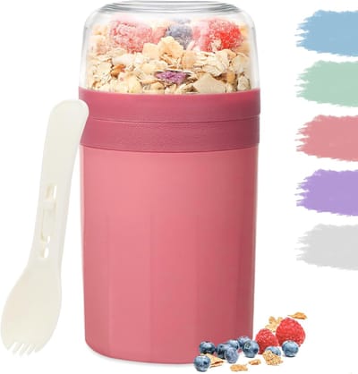 Praktische Mueslibeker To Go 520 ml + 250 ml - Lekvrije Yoghurtbeker met Lepel en Sausbox voor Kinderen en Volwassenen - Roze