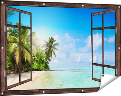 Gards Tuinposter Doorkijk Tropisch Strand bij de Licht Blauwe Zee - 120x80 cm - Tuindoek - Tuindecoratie - Wanddecoratie buiten - Tuinschilderij