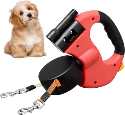 Dubbele hondenriem voor 2 honden - Dubbele hondenlijn - Intrekbare hondenriem - 3M - Anti slip handgreep - Rood