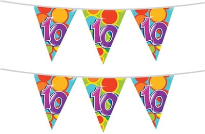 Haza Vlaggetjes met 10 jaar opdruk - 2x stuks - leeftijd verjaardag - versiering - kunststof - 10 meter - vlaggenlijn