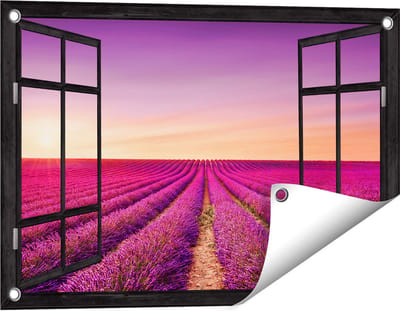 Gards Tuinposter Doorkijk Paarse Lavendel Bloemenveld - 60x40 cm - Tuindoek - Tuindecoratie - Wanddecoratie buiten - Tuinschilderij