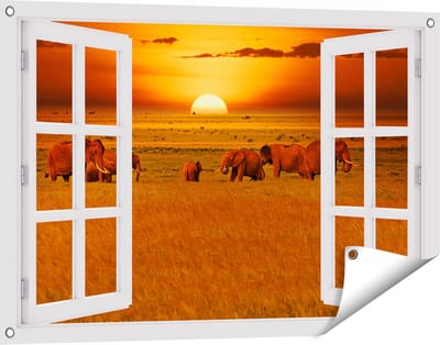 Gards Tuinposter Doorkijk Olifanten in het Wild - Zonsondergang - 90x60 cm - Tuindoek - Tuindecoratie - Wanddecoratie buiten - Tuinschilderij