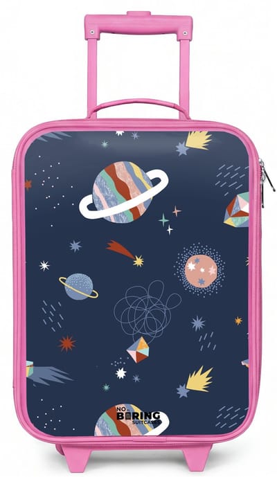 NoBoringSuitcases.com® - Kinderkoffer roze - Kindertrolley meisje - Planeten in de hemel - Koffer kind lichtgewicht - Reiskoffer trolley voor kinderen - Koffertje met lichtgevende wieltjes - Rolkoffer