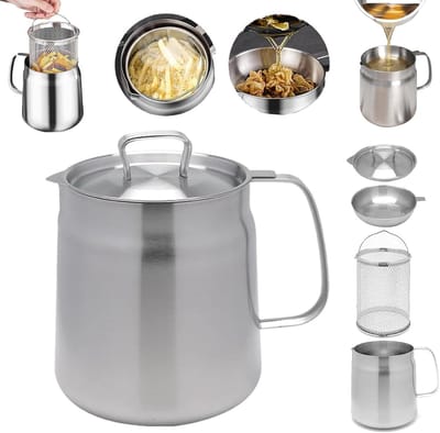 Frituurpan - Frituurpannen - friteuse - frietpan - Filterkan - Scheidt vetresten - Frituurpan van roestvrij staal met mand en zeef - Grote capaciteit - Vaatwasserbestendig - 68 oz - 2 L - Zilver
