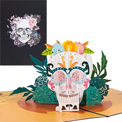 3D Halloween kaart pop-up schedel met bloemen - Feestelijke vouwkaart voor Halloweenviering met envelop