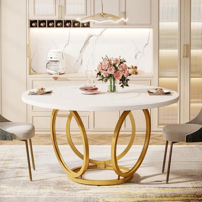 Tribesigns Ronde Eettafel voor 4 personen - 118 x 118 x 72cm - Eettafel met Gouden Metalen Voet - 118cm Ronde Keukentafel - Modern - Wit