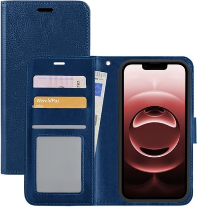 Hoesje - Met Pasjeshouder - Geschikt voor Apple iPhone 16e / 17e - Luxe Bookcase Portemonee - Flip Case - Kunstleer Book Case - Flipcase - Book Cover - Walletcase - Portemonneehoes - Donkerblauw