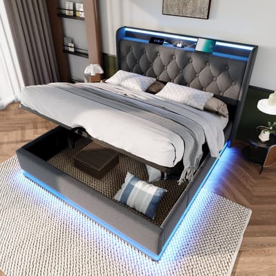 MODFU Bedframe 140x200 cm – Grijs linnen met 360° LED & USB/Type-C – Hydraulisch