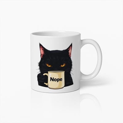 Grappige Zwarte Kat Mok met 'Nope' Koffiebeker – Humoristisch Cadeau voor Kattenliefhebbers en Koffieliefhebbers