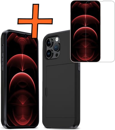 Hoesje Geschikt voor iPhone 14 Pro Hoesje Pasjeshouder Shockproof Hard Case Met Screenprotector - Hoesje Geschikt voor iPhone 14 Pro Hoes Met Kaarthouder - Zwart