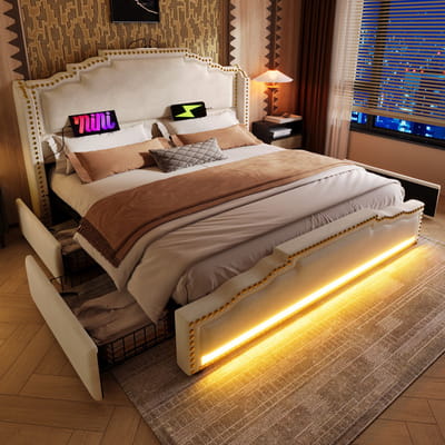 DESMIU Gestoffeerd Bed 160x200cm – Bed Met Ledverlichting En Oplaadfunctie – 4 Laden Voor Extra Opbergruimte – Voor Slaapkamer Of Jeugdruimte – Fluweel – Beige – Zonder Matras