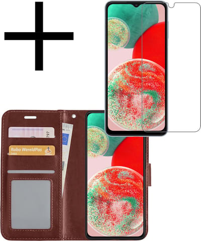 Hoesje - Met Screenprotector - Geschikt voor Samsung Galaxy A23 - Luxe Pasjeshouder - Bookcase Portemonee - Flip Case - Kunstleer Book Case - Flipcase - Book Cover - Walletcase - Portemonneehoes - Bruin