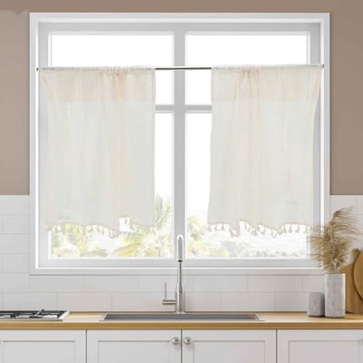 Lace Tassel Geometrische Keuken Gordijnen voor Badkamer en Kelder - Lichtdoorlatende Korte Gordijnen in Beige 103x60cm (2 Stuks)