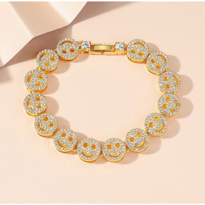 Collier Chaîne Tennis Ronde Hip Hop Visage Souriant Iced Out Bling Bracelet Mode Charme Zircon Brillant Bijoux beige