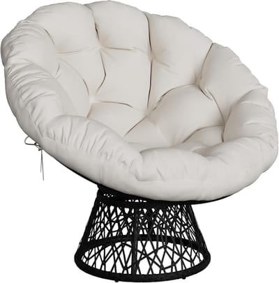 Papasan Stoel met Dik Kussen - 360° Draaibare Loungestoel voor Binnen & Buiten - Ergonomisch Wicker - Incl. Extra Dik Kussen - Zwart/Beige