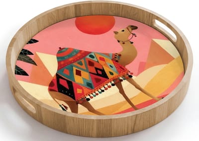 Dienblad rond 40x40 cm - Schootdienblad hout - Kameel - Pyramides - Rode zon - Borrelplank rechthoek - Plateau houten dienbladen