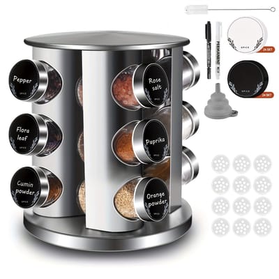Kruidenrek -Kruidenpotjes - 360 graden draaibaar - Complete set strooideksels -Staand Spice Rack- voorbedrukte stickers en trechter- RVS Karusel- 12 Kruidenpotjes-Zilver vierkant