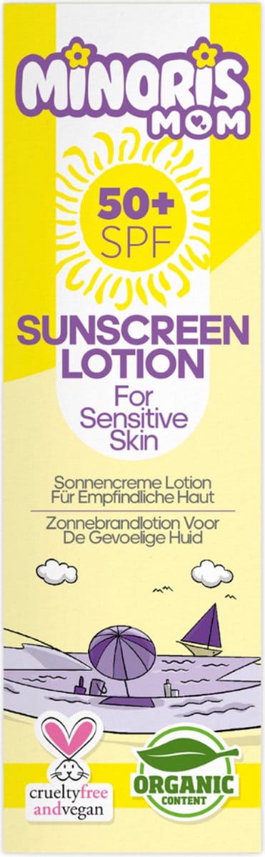 Minoris MOM Zonnebrandlotion SPF 50+ | Biologisch, Natuurlijk & Minerale Inhoud | Zonnebescherming voor Gevoelige Huid, Primer Geschikt, Hypoallergeen, Vegan, Rifvriendelijk, Waterbestendig, Dermatologisch Getest - 150 ml