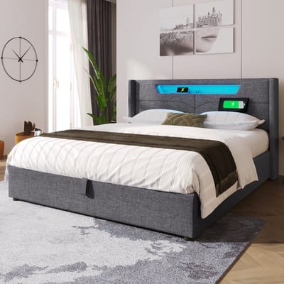 DESMIU Gestoffeerd Bed 140x200 cm – Dubbelbed Met Ledverlichting En USB C Oplaadfunctie – Gasveer Opbergruimte – Voor Slaapkamer – Linnen – Grijs – Met Matras