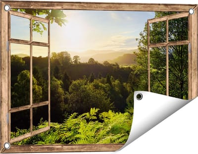 Gards Tuinposter Doorkijk Zonsondergang vanuit een Bos - 60x40 cm - Tuindoek - Tuindecoratie - Wanddecoratie buiten - Tuinschilderij