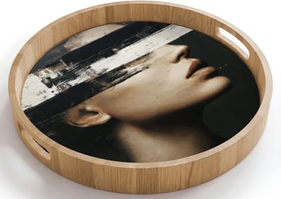 Dienblad rond 40x40 cm - Schootdienblad hout - Gezicht - Vrouw - Zwart - Abstract - Borrelplank rechthoek - Plateau houten dienbladen