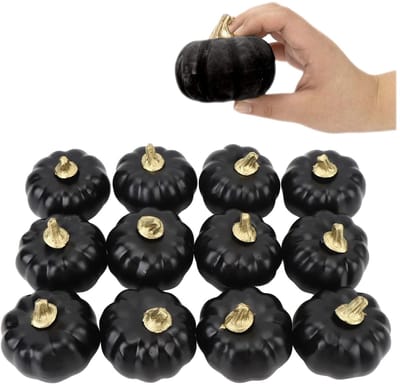 Dailygoods - 12 stuks zwarte pompoen herfstdecoraties, 7,5 x 6,5 cm, mini-pompoendecoratie, kunstpompoenen, schuim, gedeeltelijk kunstpompoen, voor Halloween, Thanksgiving tafel decoreren