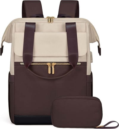 Rugzak Dames Groot, Laptop Rugzak met Laptopvak 17 Inch, Reisrugzak Dames Waterdicht, Grote Handtas Rugzak Reizen, Schooltas Modern, Zakelijke Handbagage voor Reizen Vakantie Kantoor（gebroken wit + koffiekleur）