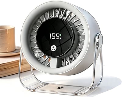 Draagbare, oplaadbare USB-bureauventilator voor de slaapkamer, kleine mini-bureauventilator met LED-display, stille ventilator, geschikt voor thuis, kantoor, reizen, camper, slaapzaal, tent (wit)