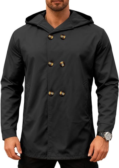 Lange Heren Jas met Capuchon - Zwart - Knopen